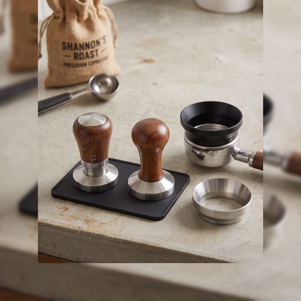 Breville Barista Express accessories: two espresso tampers, a dosing funnel and a dosing cup on a coffee station