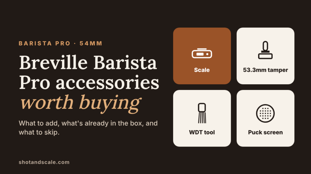 Breville Barista Pro accessories worth buying: a scale, a 53.3mm tamper, a WDT tool and a puck screen