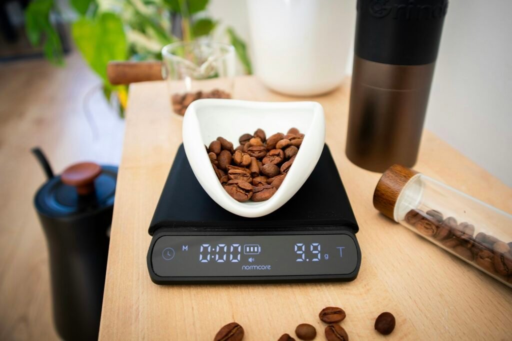 Digital espresso scale weighing coffee beans, from the Shot and Scale espresso gear guides